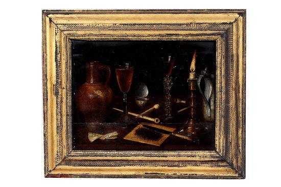 Appraisal: attributed to Osias BeertStill Life with Glasses Candlesticks and Pipeoil