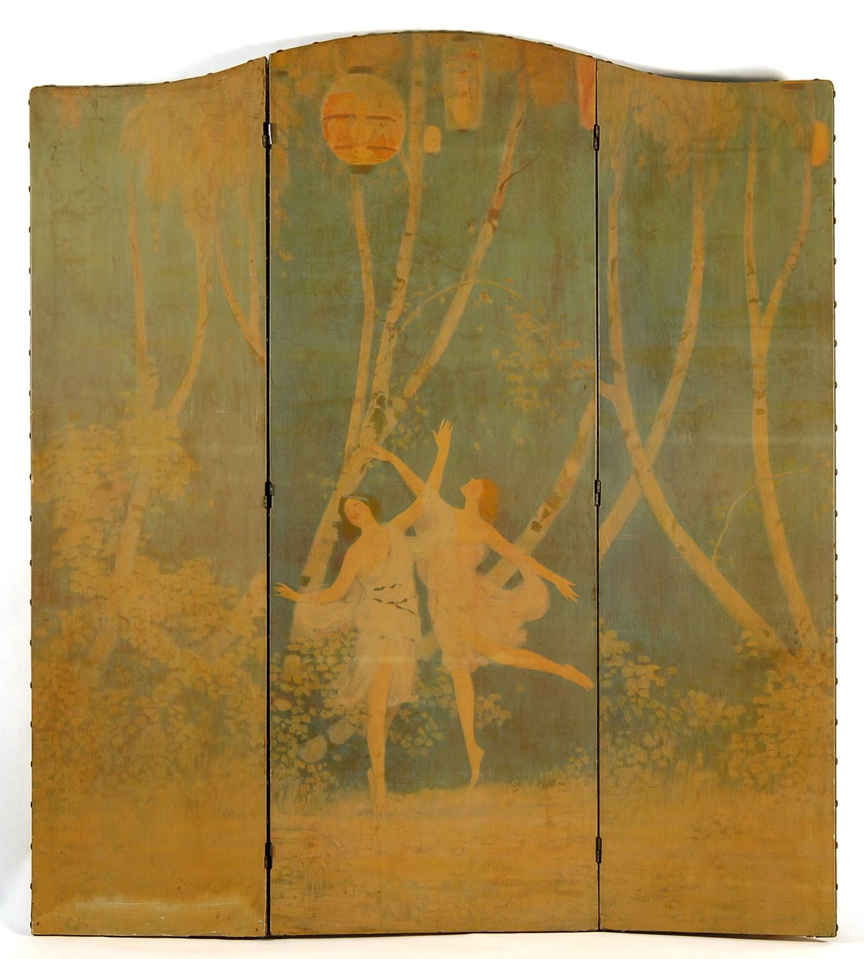 Appraisal: THREE-PANEL FOLDING SCREEN depicting a wooded landscape with dancing figures