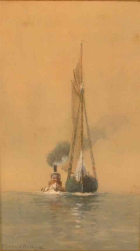 Appraisal: THEODORA WILLARD AMERICAN - SAILBOAT WITH TUGBOAT Watercolor on paper