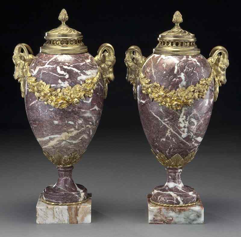 Appraisal: Pr Louis XVI style rouge marble cassolettes the lids surmounted