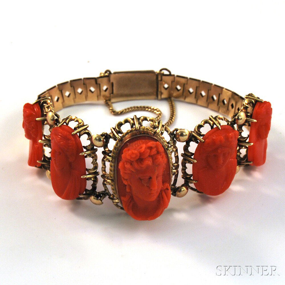 Appraisal: kt Gold and Carved Coral Cameo Bracelet the bracelet set