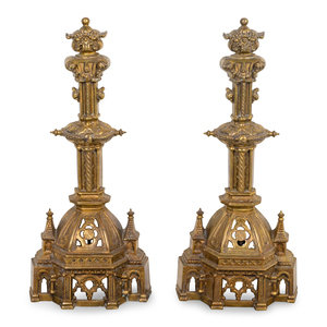 Appraisal: A Pair of Gothic Style Bronze Andirons TH CENTURY Height