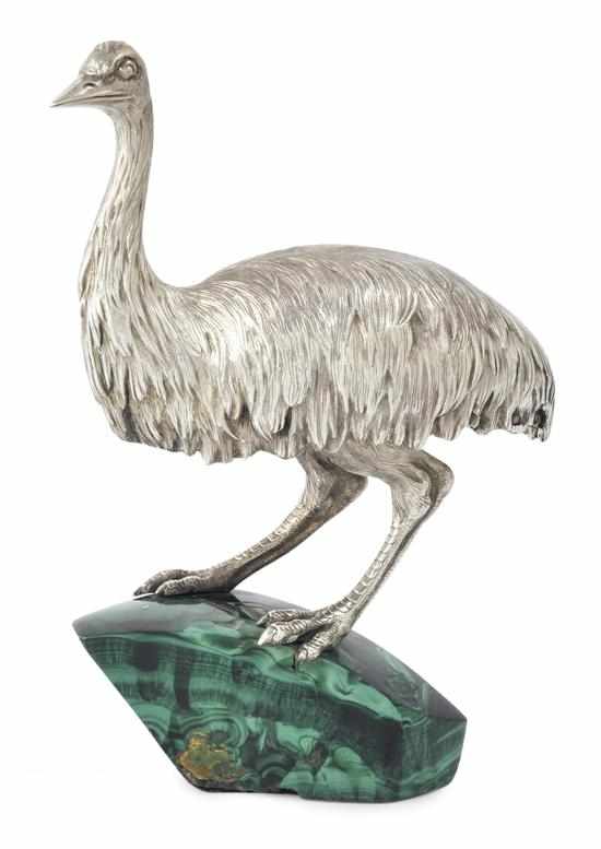 Appraisal: A STERLING SILVER EMU FIGURE ON A MALACHITE BASE POSSIBLY