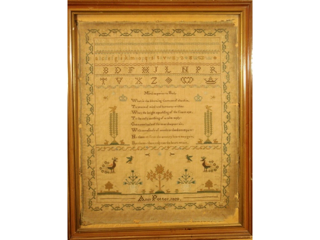 Appraisal: A George IV needlework sampler with alpha numeric and pictorial