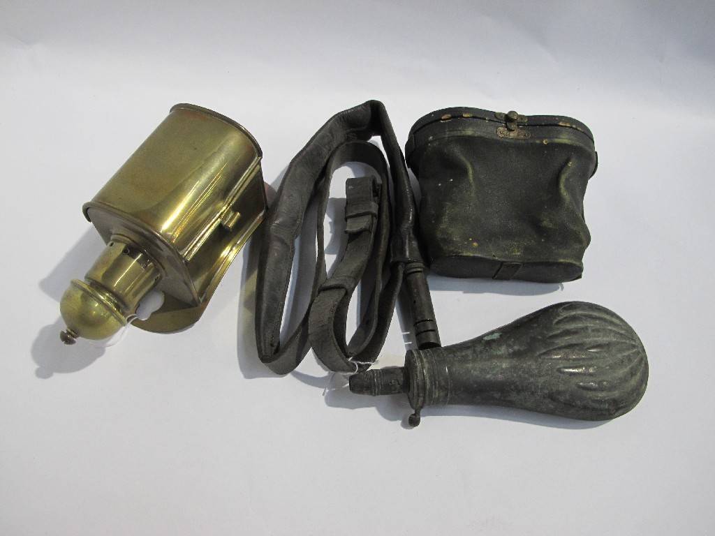 Appraisal: Lot comprising powder flask shot flask binoculars and a brass