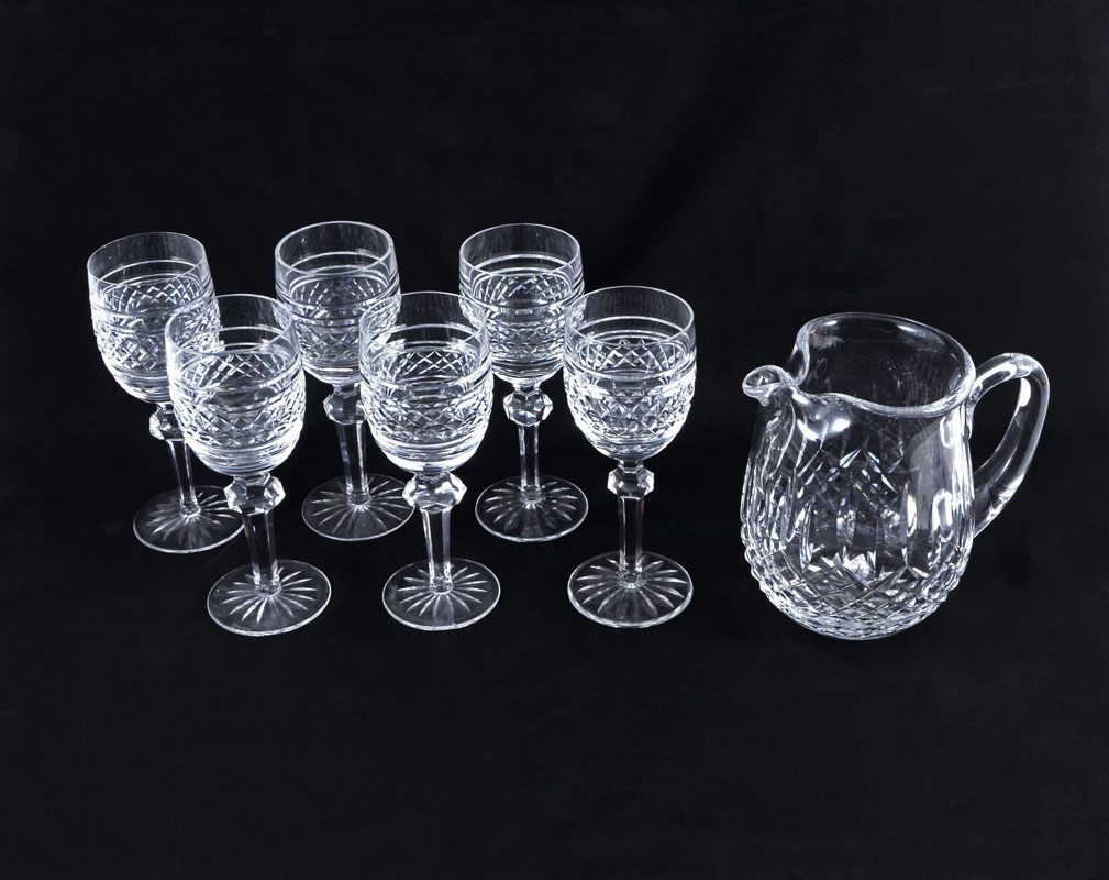 Appraisal: WATERFORD CASTLETOWN WINE GLASSES LISMORE JUG claret wine glasses in