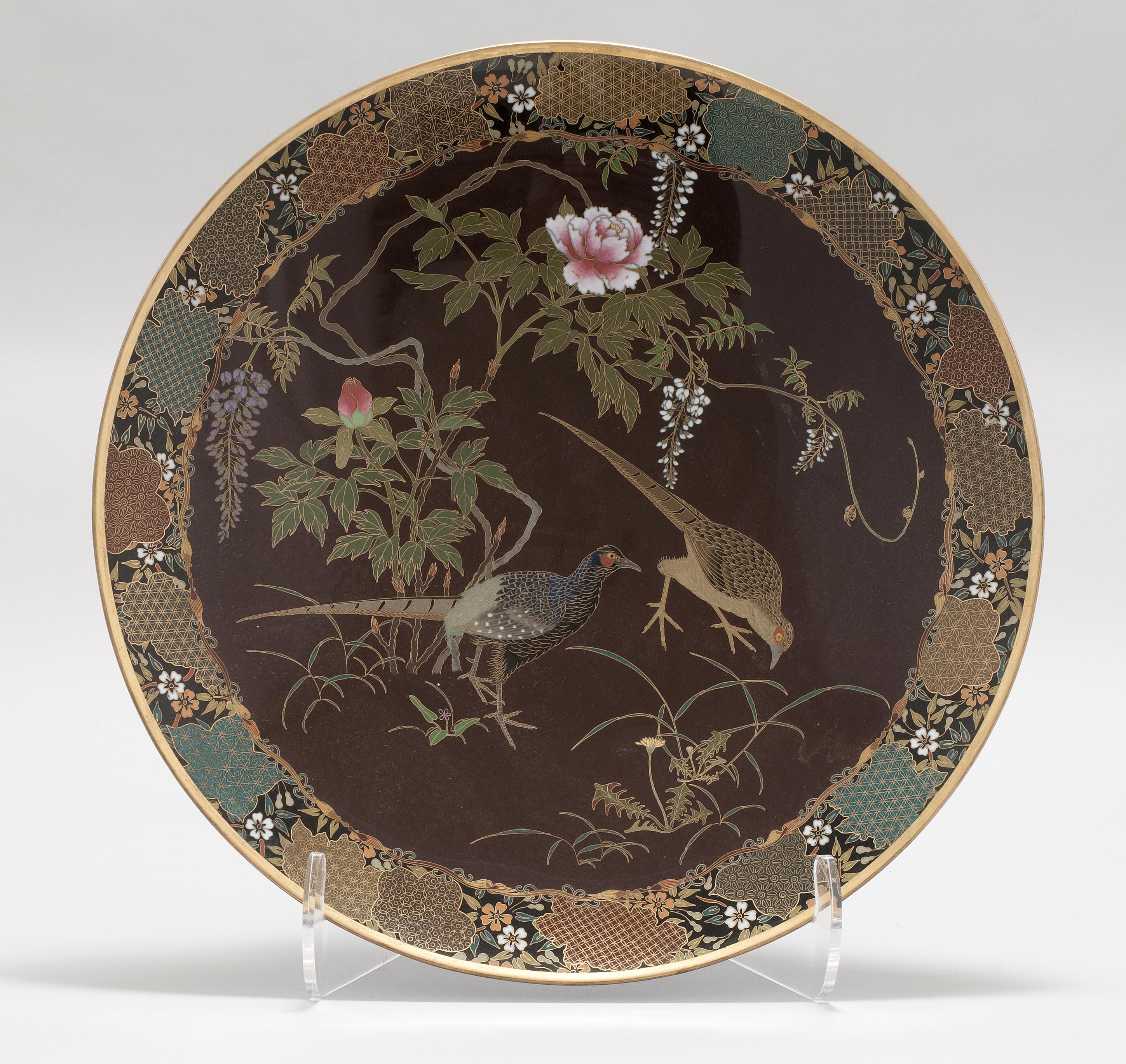 Appraisal: LARGE CLOISONN ENAMEL CHARGER Meiji PeriodWith central decoration of two