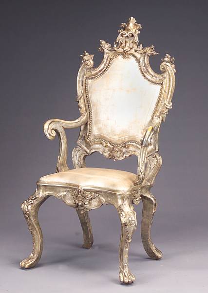 Appraisal: A Portuguese Rococo style silver gilt armchair th century The