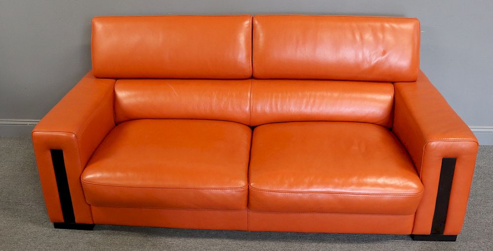 Appraisal: Maurice Villency Signed Leather Sofa Great color leather design and