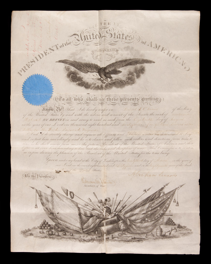 Appraisal: Abraham Lincoln signed commission March brevet to rank of Lt