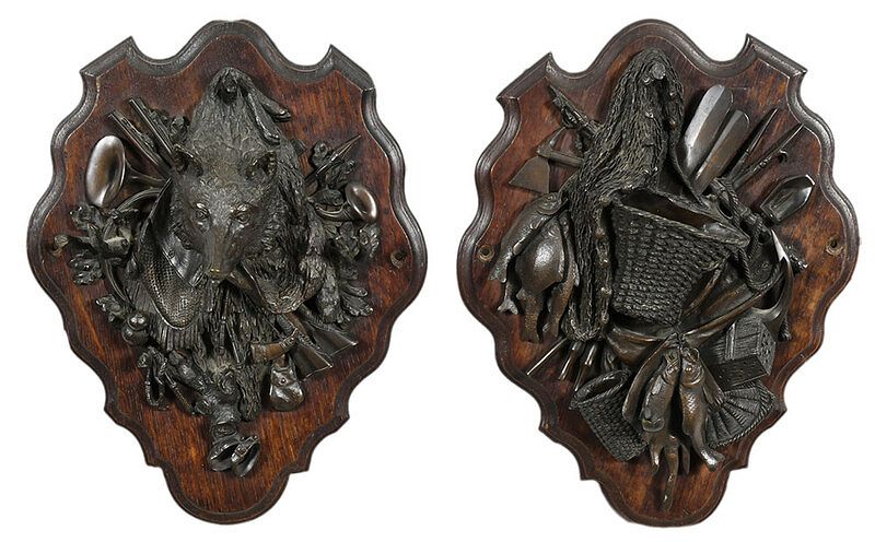 Appraisal: Two Patinated Bronze Hunting Trophy Wall Plaques Continental late th