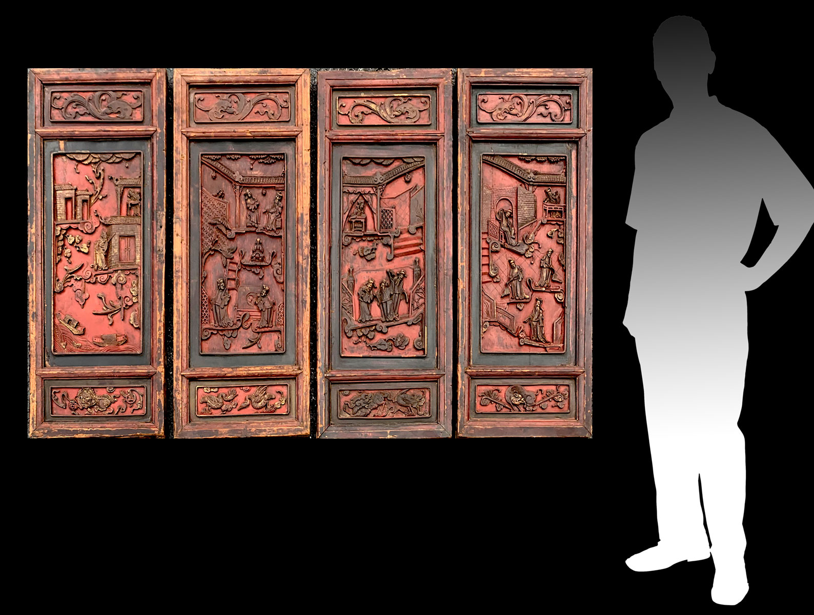 Appraisal: EARLY CHINESE LACQUERED WALL PANELS Carved Balsa wood Chinese panels