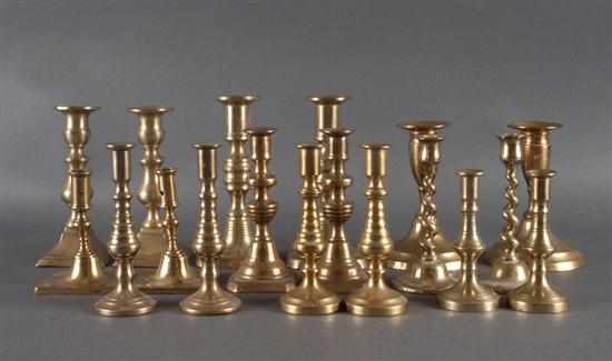 Appraisal: Nine assorted pairs of miniature brass candlesticks Estimate - No