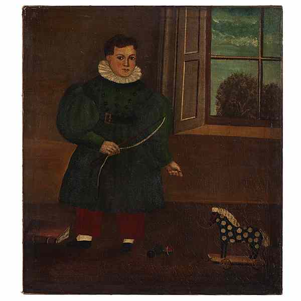 Appraisal: Folk Art Painting of Young Boy with Toy American th