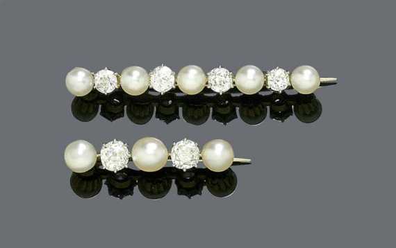 Appraisal: LOT TWO PEARL AND DIAMOND BAR BROOCHES Vienna ca Yellow