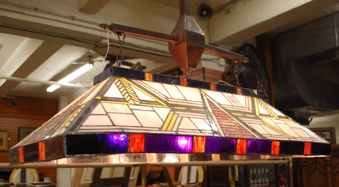 Appraisal: STAINED AND LEADED GLASS POOL TABLE LIGHT FIXTURE American Craftsman