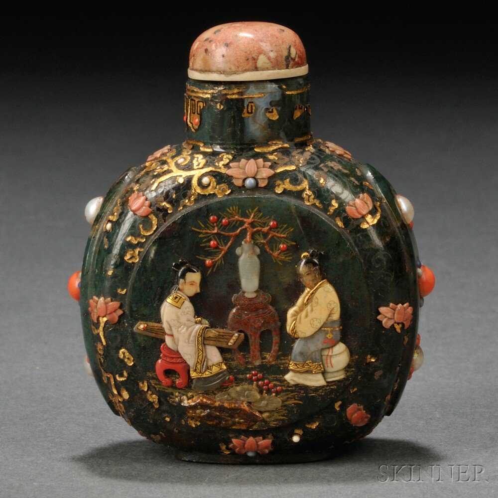 Appraisal: Inlaid Art Glass Snuff Bottle China th century flattened globular