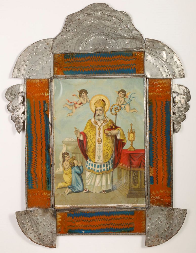 Appraisal: Large Tin Frame with Devotional Print ca Attributed to Rio