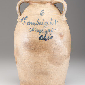 Appraisal: A Cobalt Script Decorated Six-Gallon Stoneware Jar Ohio Mid th