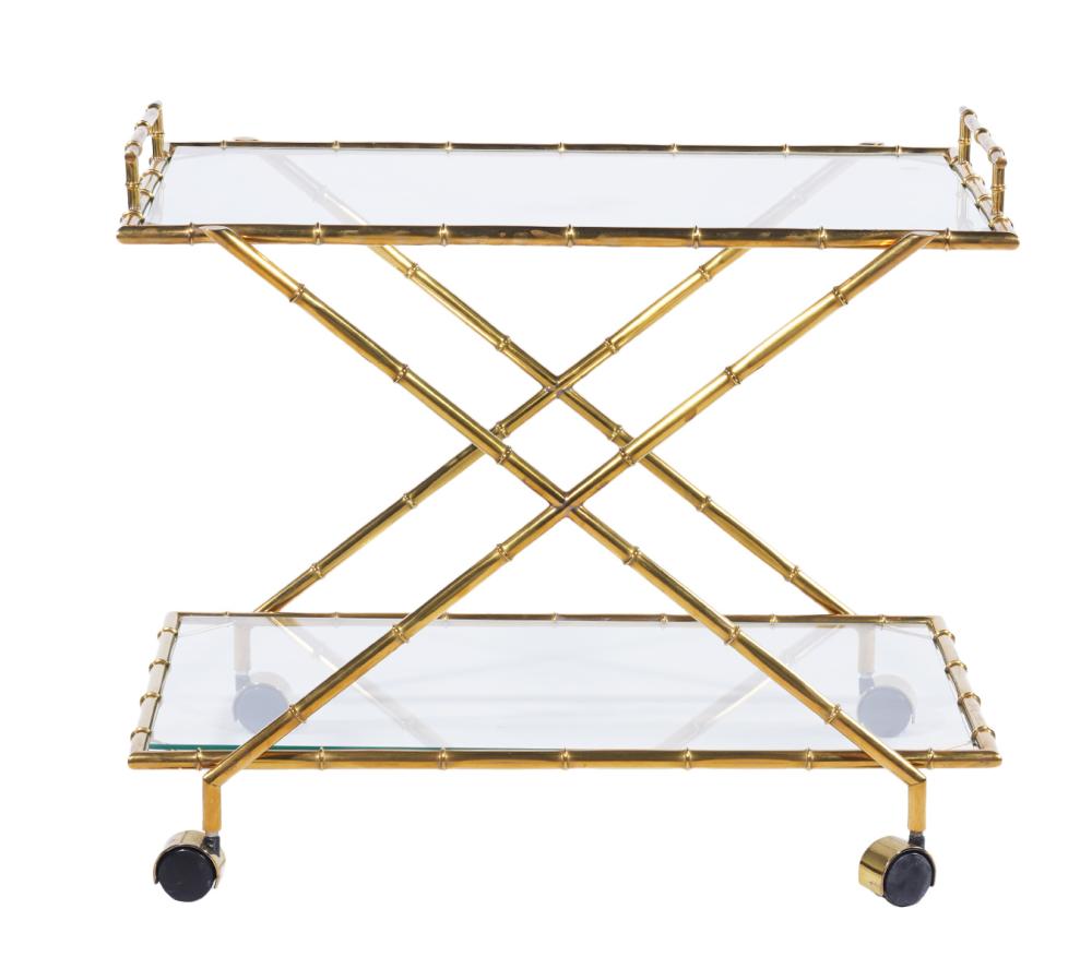 Appraisal: ITALIAN GLASS BRASS BAMBOO BAR CARTItalian glass and faux brass