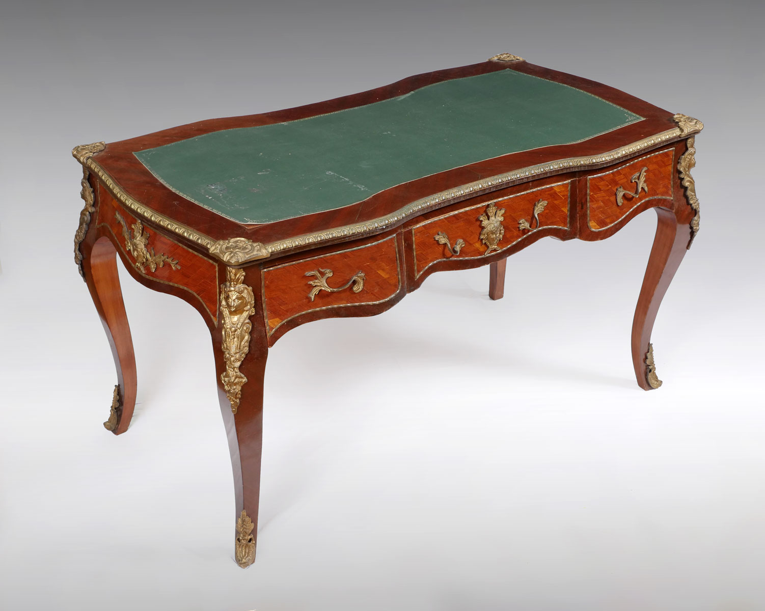 Appraisal: LARGE LOUIS XV STYLE ORMOLU PARQUETRY LEATHER TOP DESK Louis