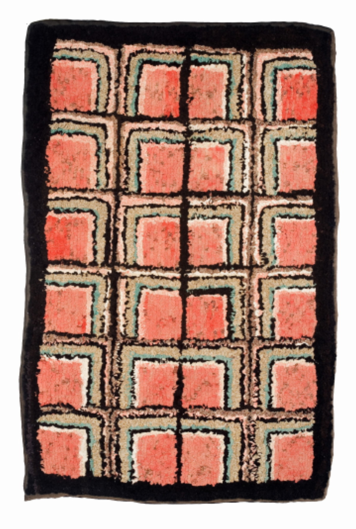 Appraisal: AMERICAN SHIRRED HOOKED RUG WITH REPEATING GEOMETRIC PATTERN IN SHADES