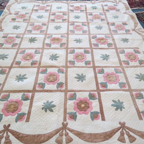 Appraisal: Antique Handmade Quilt floral and garland brown green and chintz