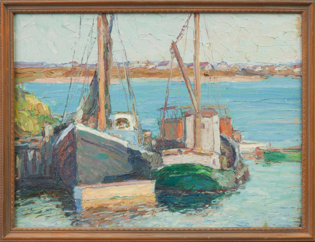 Appraisal: George Renouard American - Fishing boats at dock Oil canvas