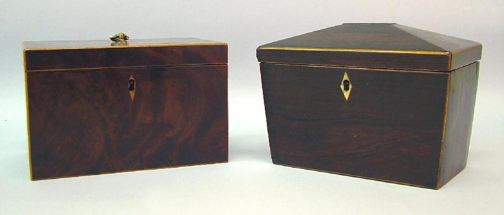 Appraisal: th century rosewood sarcophagus shaped two division tea caddy inlaid