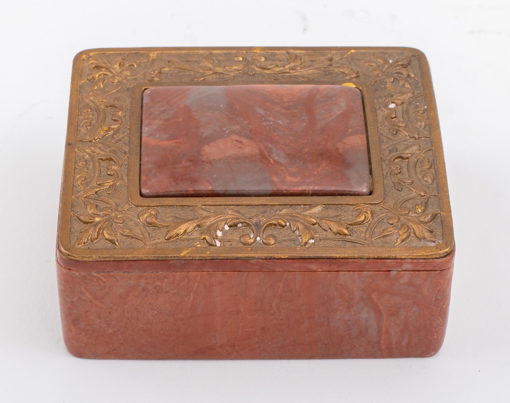 Appraisal: GILT-BRONZE MOUNTED JASPER TABLE BOX Gilt-Bronze mounted red jasper table