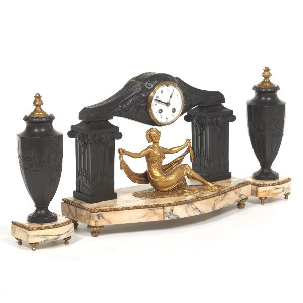 Appraisal: FRENCH THREE-PIECE CLOCK GARNITURE SOCIETY CLUSIENNE PARIS CA LATE TH