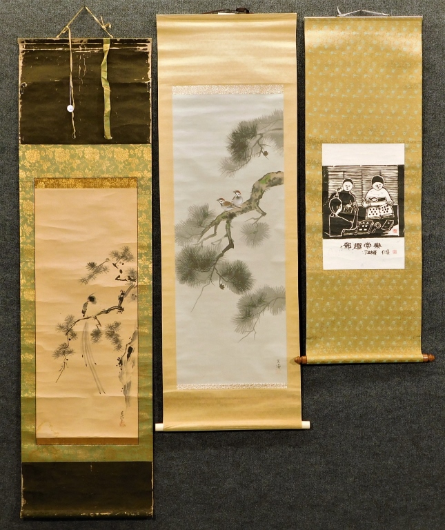 Appraisal: JAPANESE BIRDS AND PEOPLE HANGING WALL SCROLLS Japan th CenturyIncludes