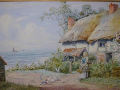 Appraisal: HORACE HAMMOND Young Woman feeding Birds before a Coastal Cottage