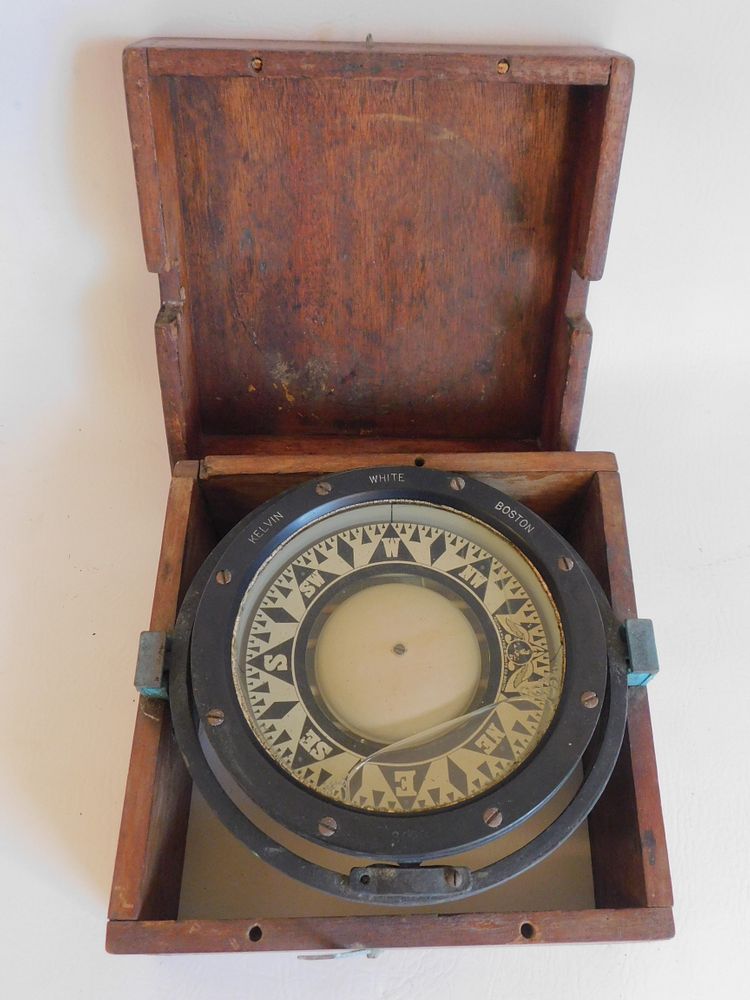 Appraisal: OLD WHITE SHIP COMPASS Old ship's wet compass in wood