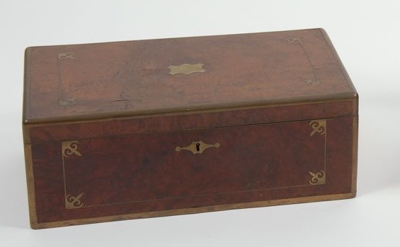 Appraisal: ANTIQUE ENGLISH BRASS-INLAID CAPTAIN'S LAP DESK In burled walnut Felt-lined