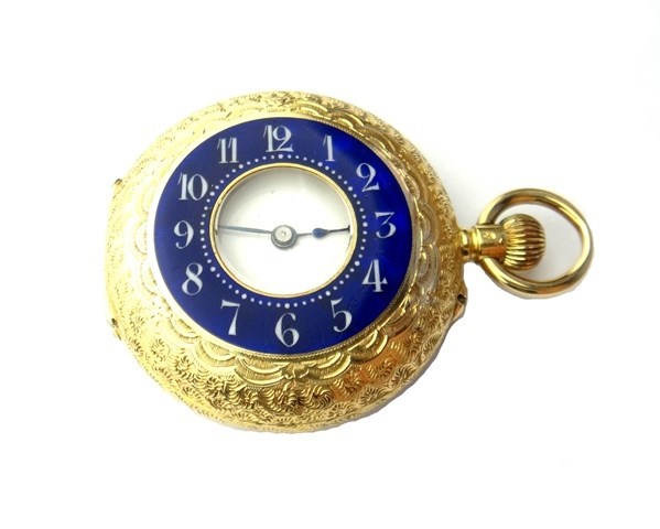 Appraisal: A lady's gold cased and enameled keyless wind half hunting