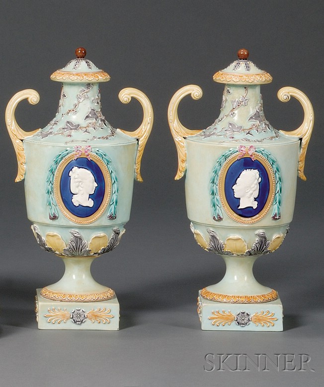 Appraisal: Pair of Wedgwood Majolica Louis XV Portrait Vases and Covers