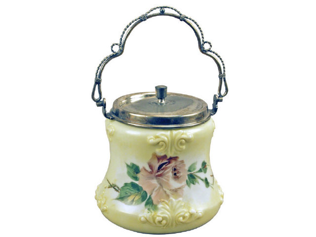 Appraisal: Terrific hand painted Wavecrest opal ware biscuit jar with silver