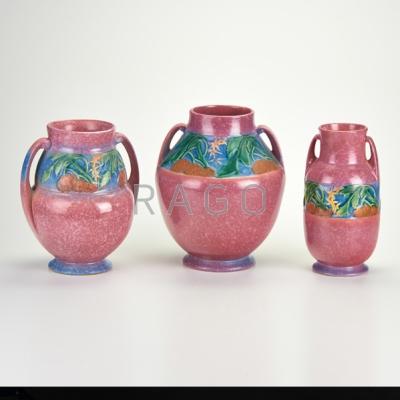 Appraisal: ROSEVILLE Three Pink Baneda vases One marked X Condition Report