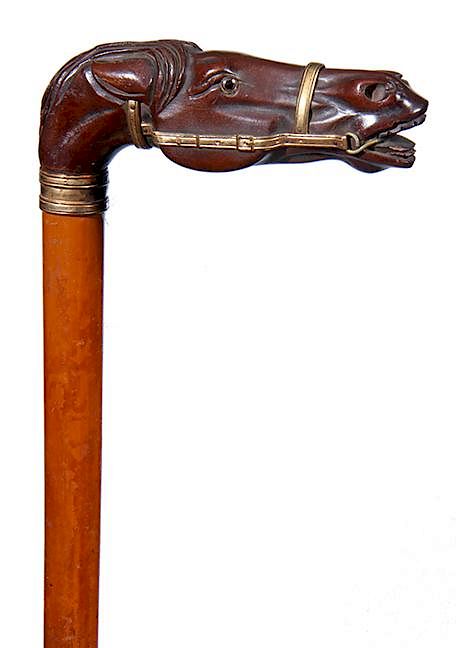 Appraisal: Thoroughbred Horse Cane- Ca - A carved horse head with