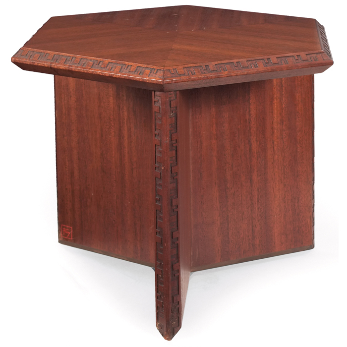 Appraisal: Frank Lloyd Wright table manufactured by Heritage Henredon hexagonal top