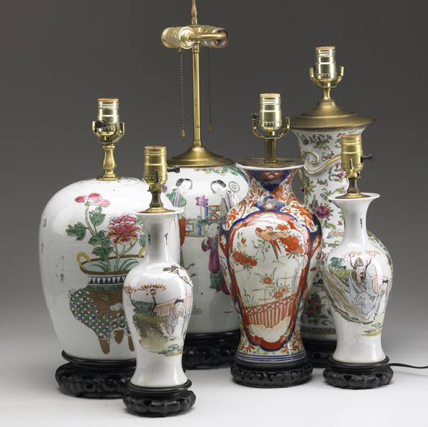 Appraisal: CHINESE EXPORT Six porcelain vases and jars converted to lamps