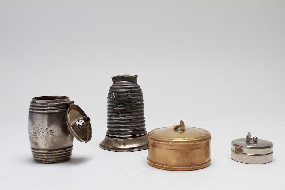 Appraisal: Silver Bee-Hive Barrel Banks Two Stud Boxes Silver coin banks