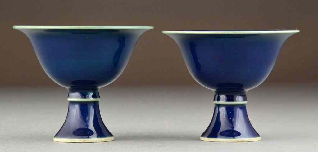 Appraisal: Pr Chinese Monochrome Porcelain Wine CupsPainted blue with six character