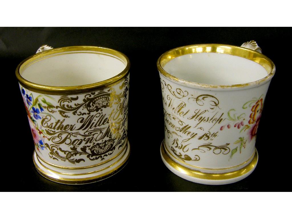 Appraisal: Two Victorian inscribed christening mugs dated and decorated with bouquets