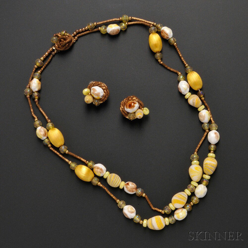 Appraisal: Vintage Schaperelli Costume Necklace and Earclips composed of yellow thread-wrapped