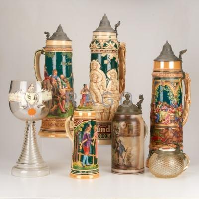 Appraisal: GERMAN BEER STEINS ETC Group of seven ceramic and glass