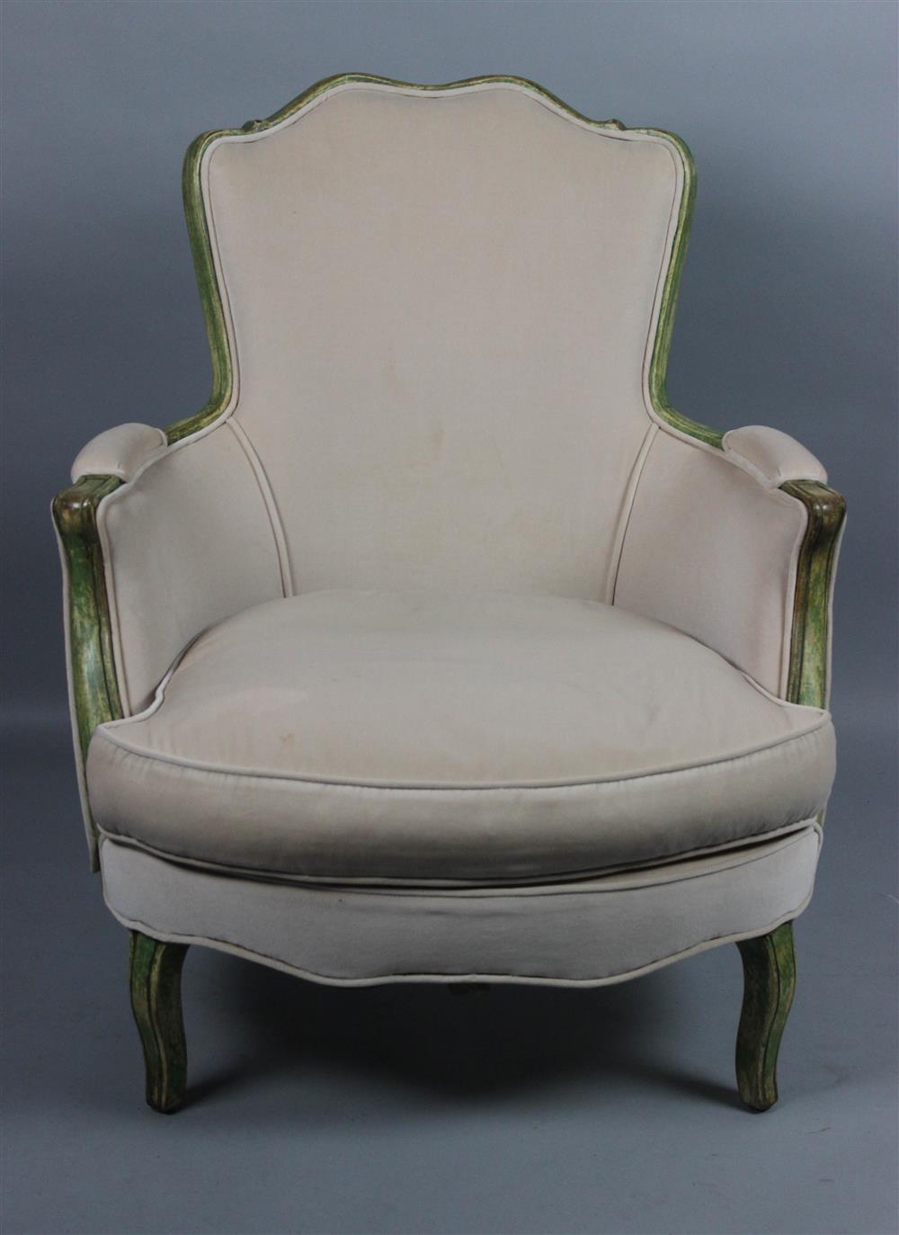 Appraisal: LOUIS XV STYLE VELVET COVERED GREEN PAINTED BERGERE TOGETHER WITH