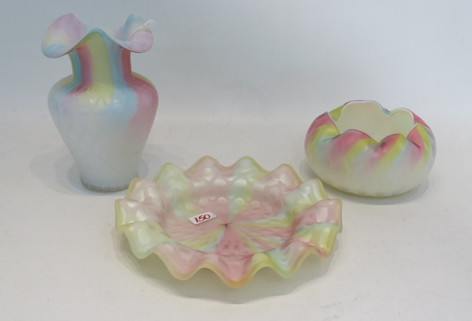 Appraisal: THREE PIECES RAINBOW SATIN GLASS Mother-of-Pearland having diamond quilted pattern