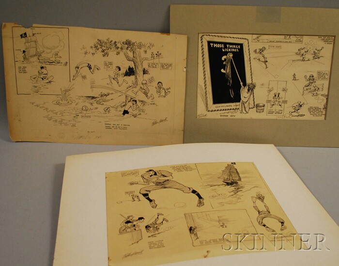 Appraisal: Three Pieces of Wallace Goldsmith Circa Baseball Original Newspaper Cartoon